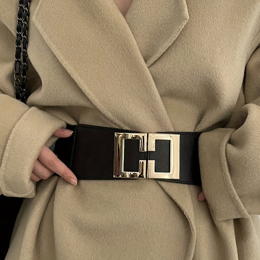 Stylish Geometric Buckle Wide Belt - Fashion Belts for Women with Elastic Waistband, Elegant Dress Jacket Accessory, Perfect for Daily Commuting, Date Nights, Birthday Parties and Gift Giving