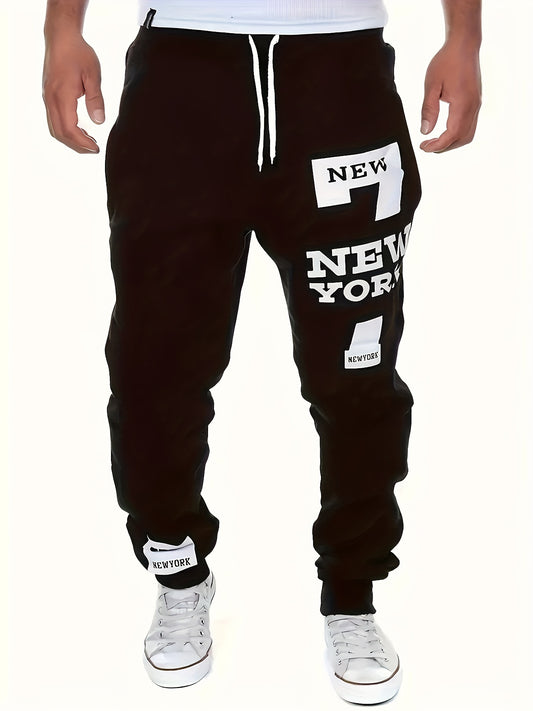 "New York" Print Tapered Joggers, Men's Casual Stretch Waist Drawstring Sweatpants For All Seasons