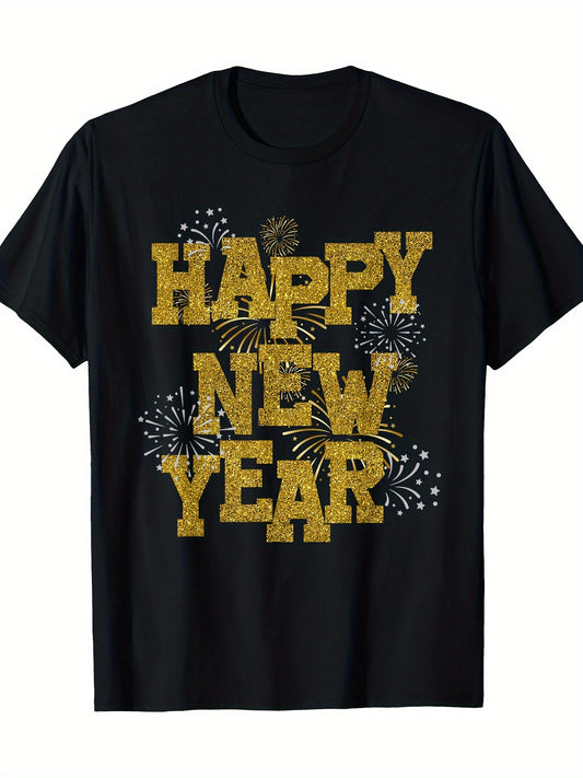 New Years Eve Party Supplies 2025 Happy New Year Fireworks T-Shirt-100% Cotton-220g