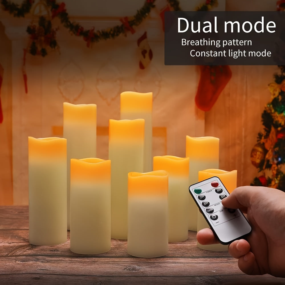 9PCS Halloween Gifts Flameless Candle Battery Powered 4.0inch 5.0inch 6.0inch 7.0inch 8.0inch 9-piece Ivory White Real Wax Column LED Candle With Remote Control, Cycle 24 Hour Timer, , Christmas Decorations