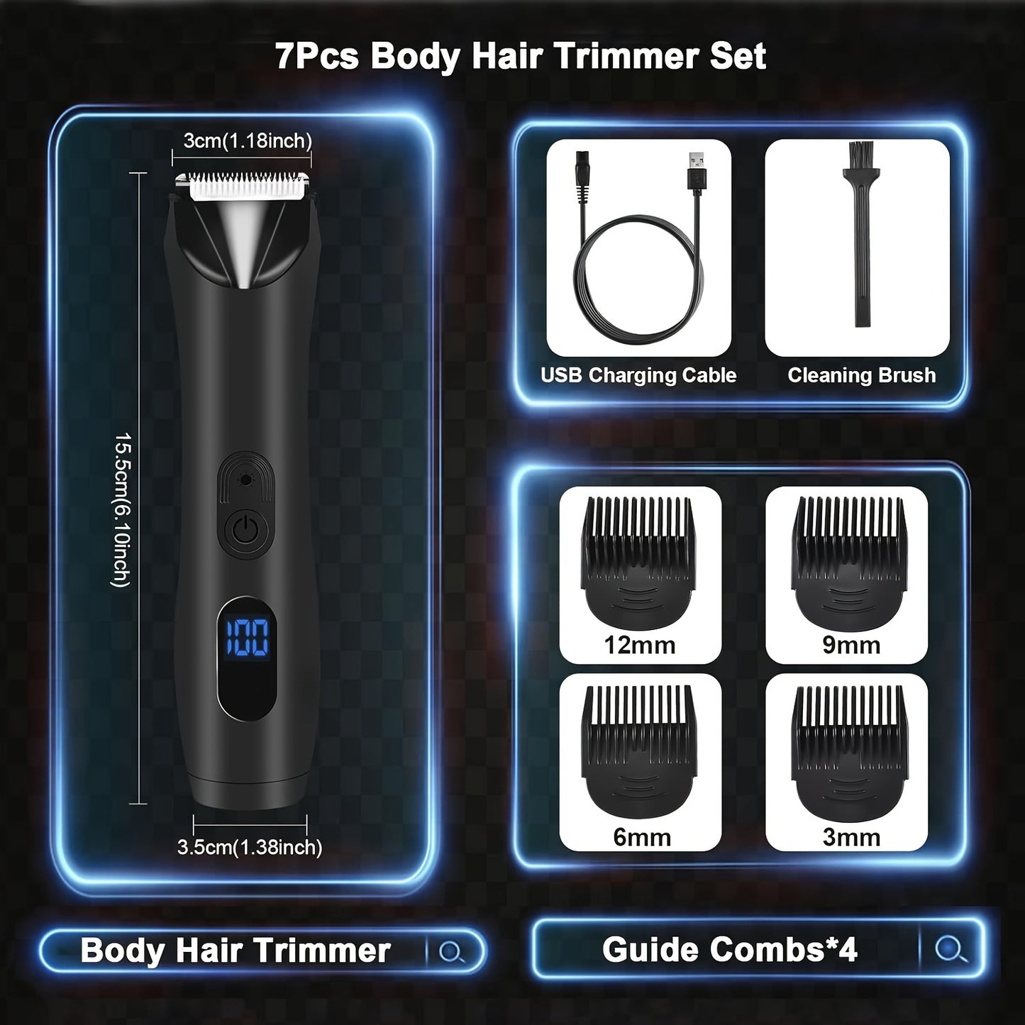 7Pcs Professional Body Grooming Kit - Rechargeable Cordless Ceramic Blade Trimmer, Waterproof Electric Shaver for Men, Inguinal and Pubic Hair, Beard, Bikini, Balls, and Groin, Easy to Use and Clean, Perfect for Male Hygiene