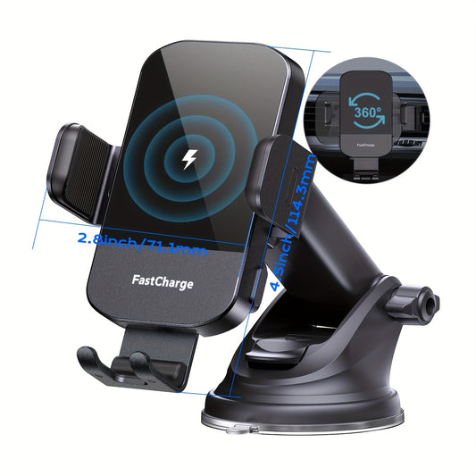 15W Rapid Wireless Car Charger Mount - Automatic Clamping, Hands-Free Adjustable Phone Holder - Compatible with iPhone 15/14/13/12/11 Pro Max/Xs, Samsung Galaxy S24/S23/S22/S21/S20/S10+ - Sleek Black Design