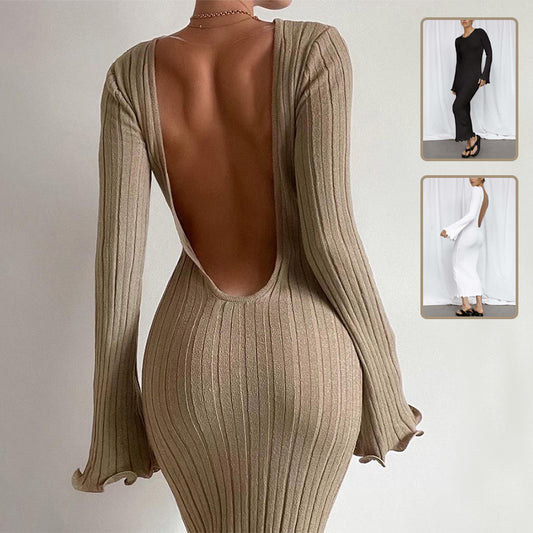 Improved product title: Elegant Long-Sleeved Ruffled Maxi Dress - Stylish and Sexy Knitted Dress for Parties and Beach - Women's Fashion