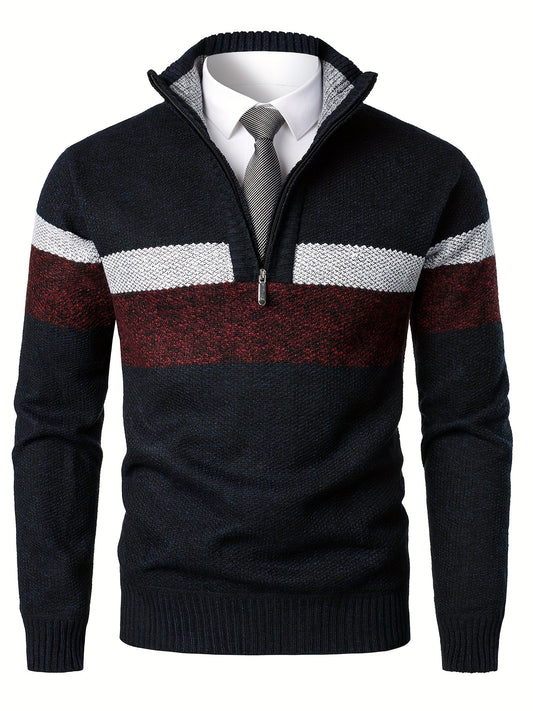 Autumn/Winter Collection: Men's Long Sleeve Casual Knit Sweater with 1/4 Zipper, Color Block Design, Polyester, Regular Fit