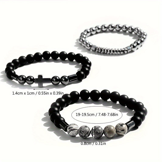 3pcs/set Fashion Hip-hop Three-layer Black Gallstone Cross Bracelet Men's Punk Trend Charm Jewelry