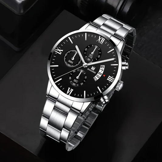 3pcs/set Exquisite Silver Men's Quartz Watch Set - Elegant Three-Eye Design, Classic Circular Calendar Display, Fashionable Stainless Steel Strap and Matching Accessories - Perfect for Any Occasion, Ideal Gift for Men, Stylish and Versatile Timepiece