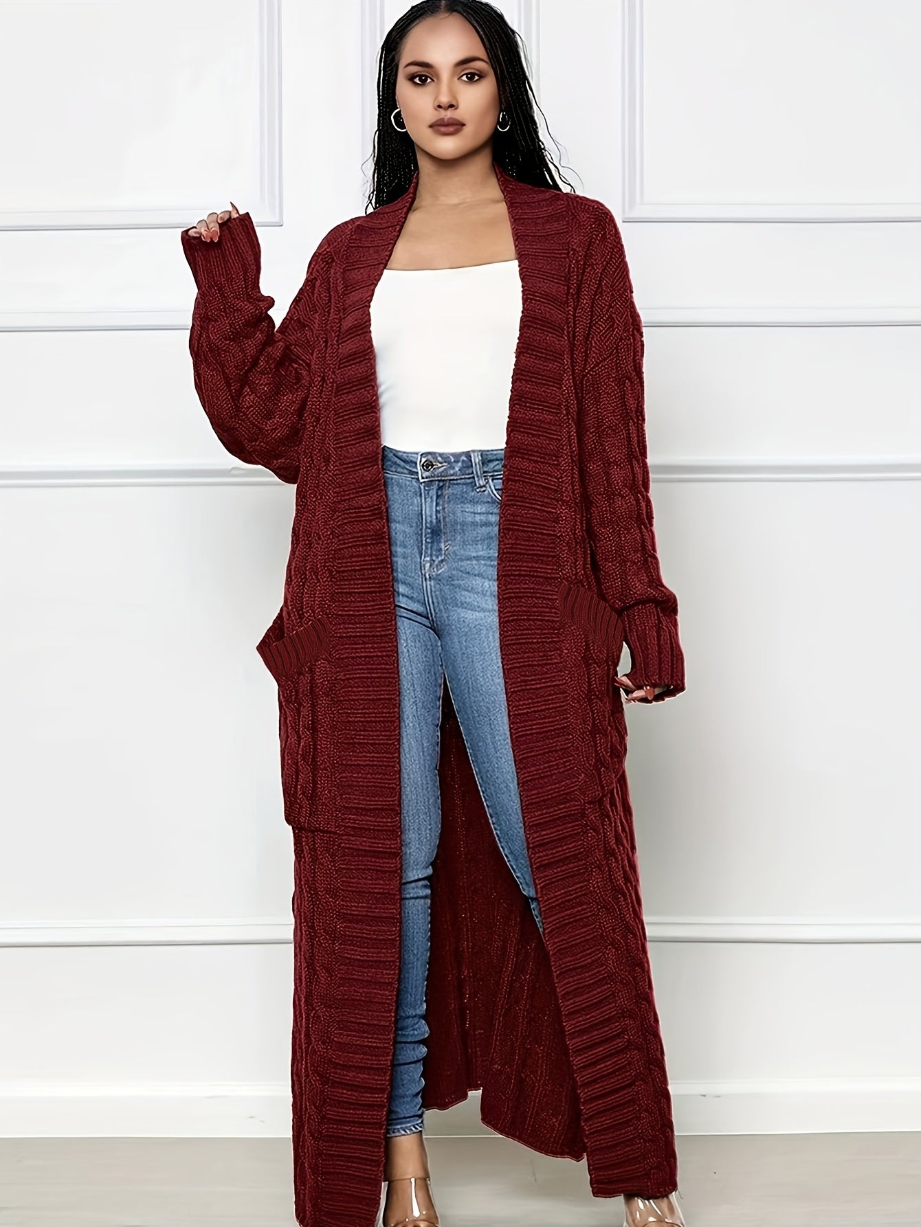 Extra-Long Cable Knit Cardigan - Cozy & Stylish Solid Sweater with Practical Pockets - Perfect for Womens Casual Wear