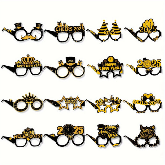 16pcs 2025 Happy New Year Party Glasses, Eco-Friendly Paper Eyewear Photo Props, Black and Golden Festive Celebration Accessories for Adults and Teens