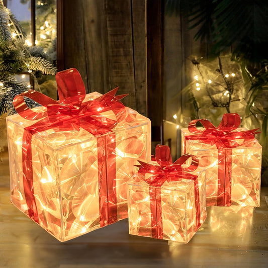 Set of 3 Christmas Lighted Gift Boxes, Transparent Warm White Lighted Christmas Box Decrations, Presents Boxs with Red Bows for Christams Tree, Yard, Home, Christams Decorations outdoor