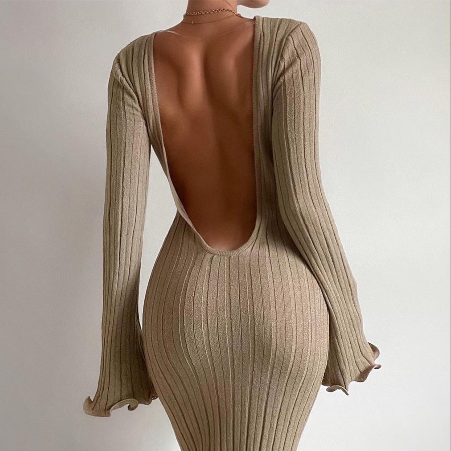 Improved product title: Elegant Long-Sleeved Ruffled Maxi Dress - Stylish and Sexy Knitted Dress for Parties and Beach - Women's Fashion